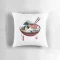 A white pillow featuring the iconic Great Wave off Kanagawa artwork, representing Japanese culture and ramen.