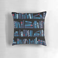 Black decorative pillow with a book-themed pattern, perfect for readers and book enthusiasts.