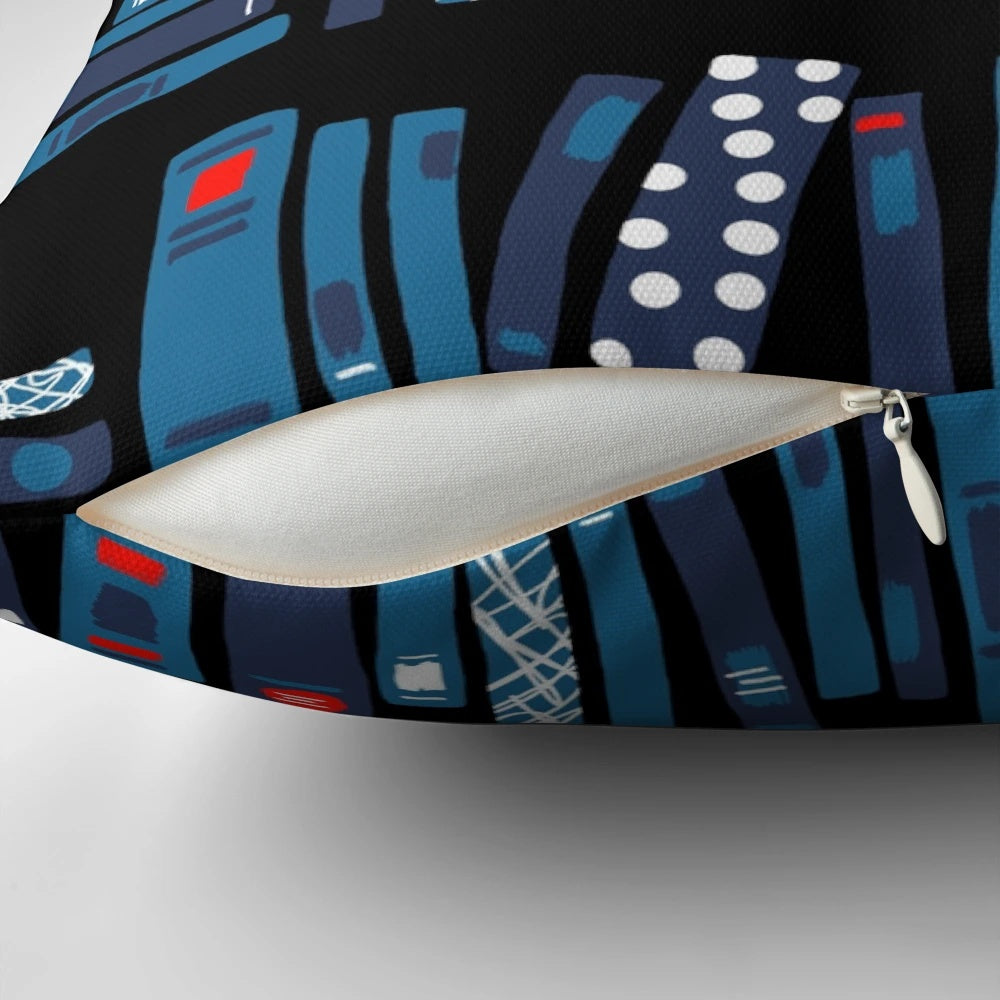 Black decorative pillow with a book-themed pattern, perfect for readers and book enthusiasts.