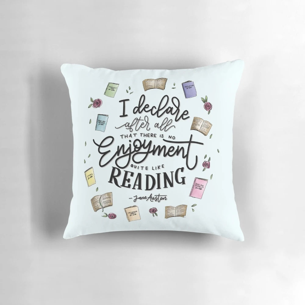 A comfortable reading pillow with literary-inspired hand lettering design.