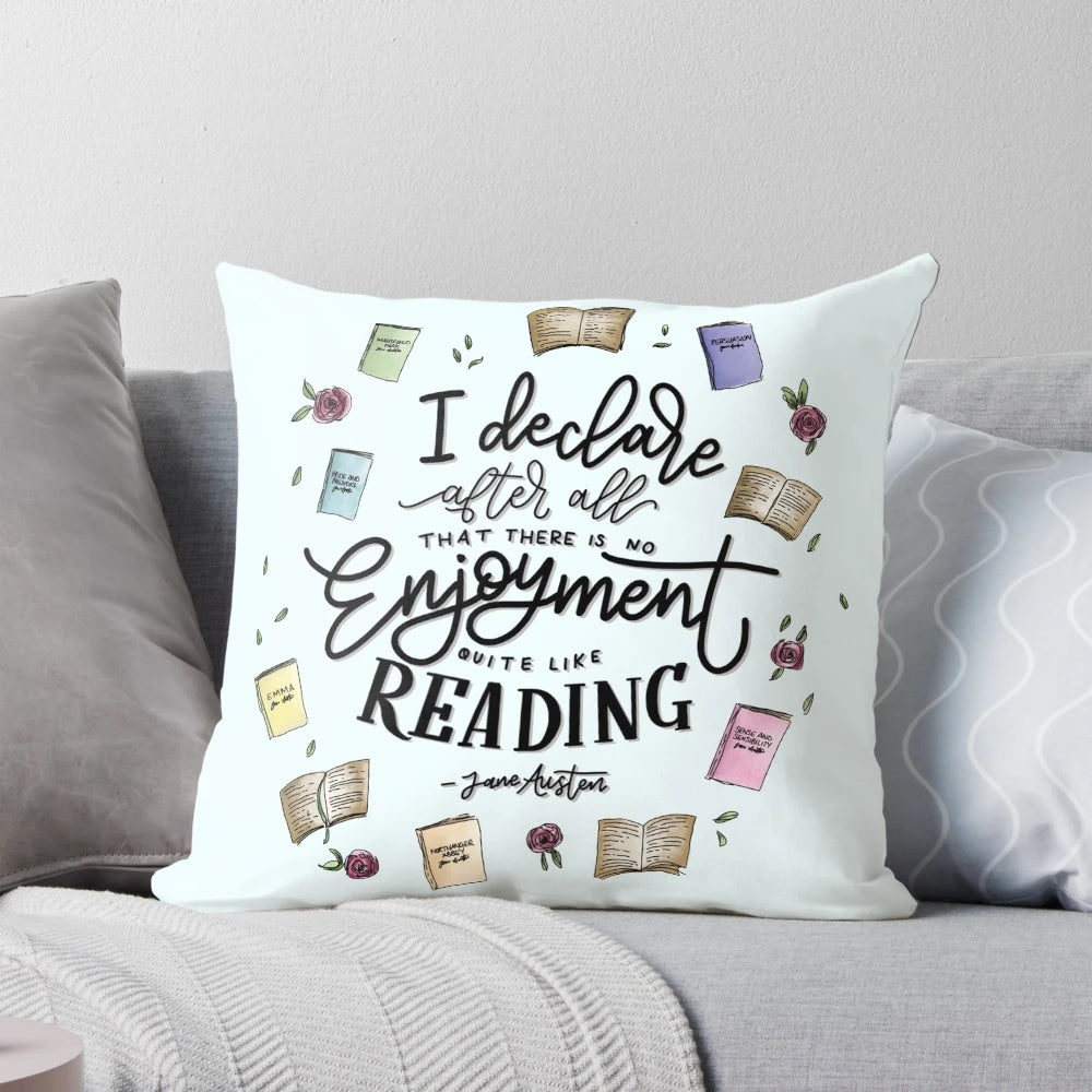 A comfortable reading pillow with literary-inspired hand lettering design.