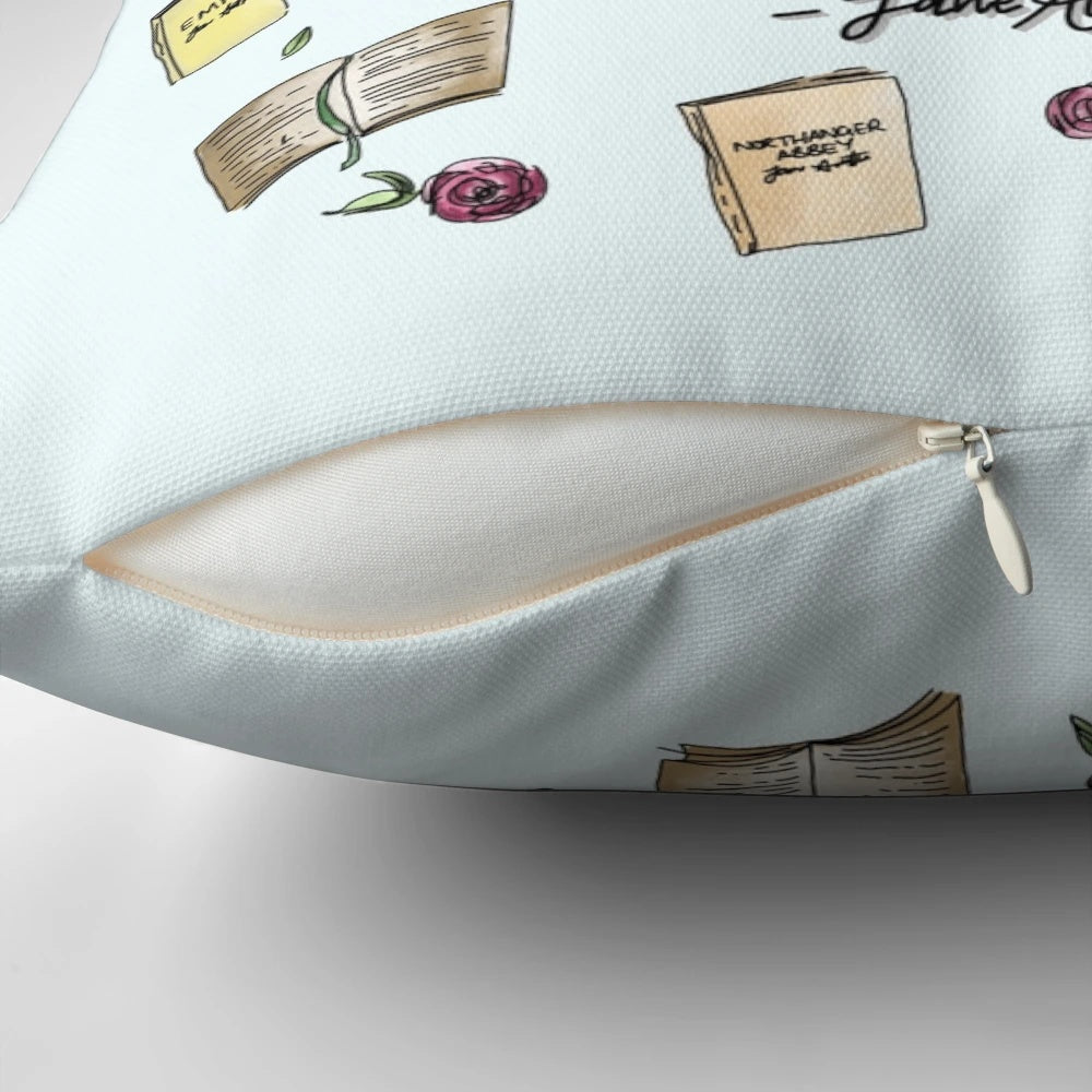 A comfortable reading pillow with literary-inspired hand lettering design.
