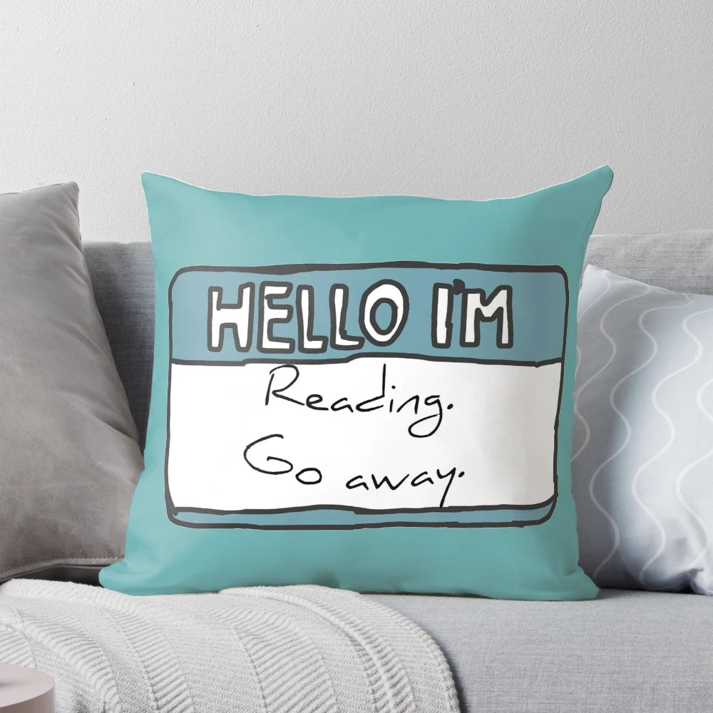 A blue pillow with the text "Hello I'm Reading" in a fun, hand-drawn style.