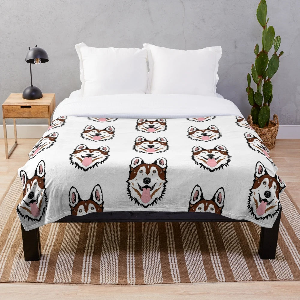 Red and white siberian husky plush blanket