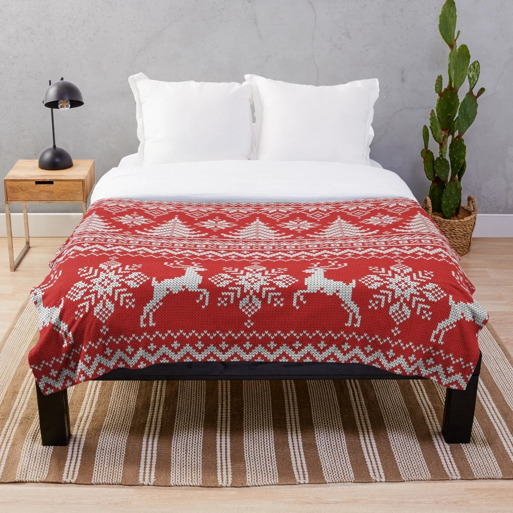 Red Christmas knit plush blanket with snowflakes