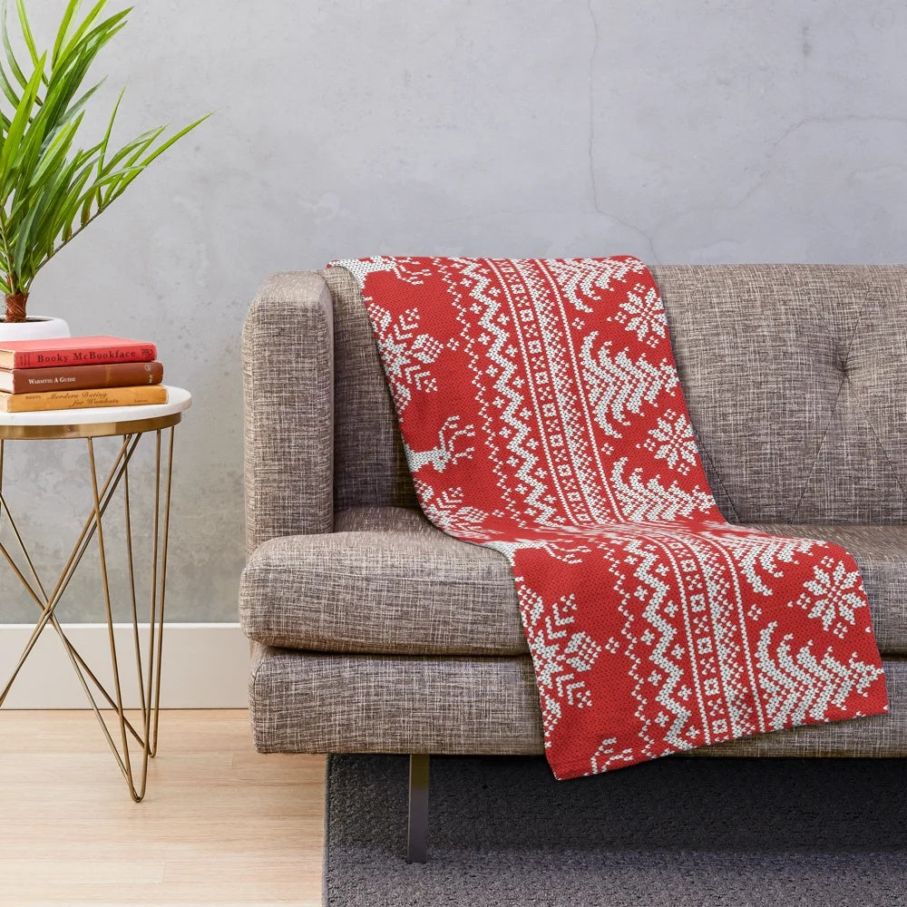 Red Christmas knit plush blanket with snowflakes