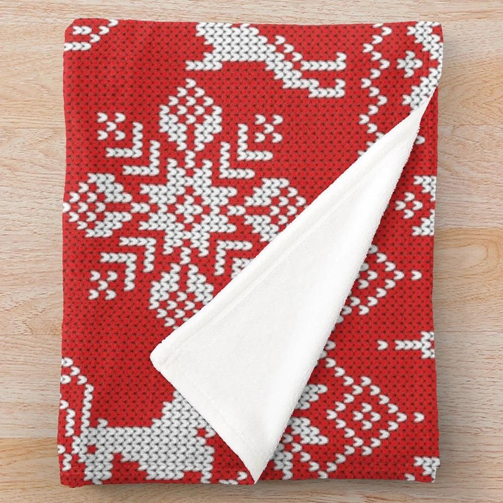 Red Christmas knit plush blanket with snowflakes