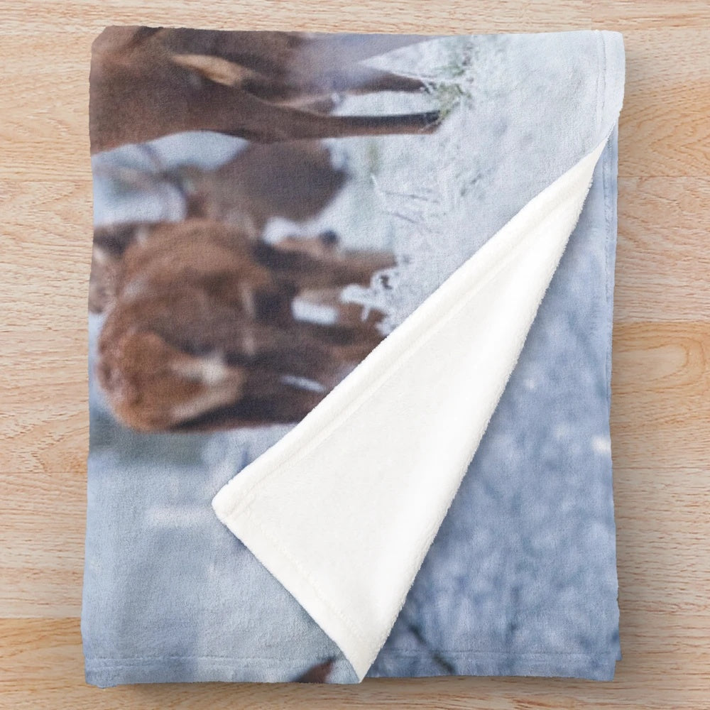 Red deer family in a snowy winter scene on a plush blanket