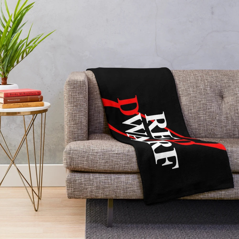 Red Dwarf inspired plush blanket with the show's logo