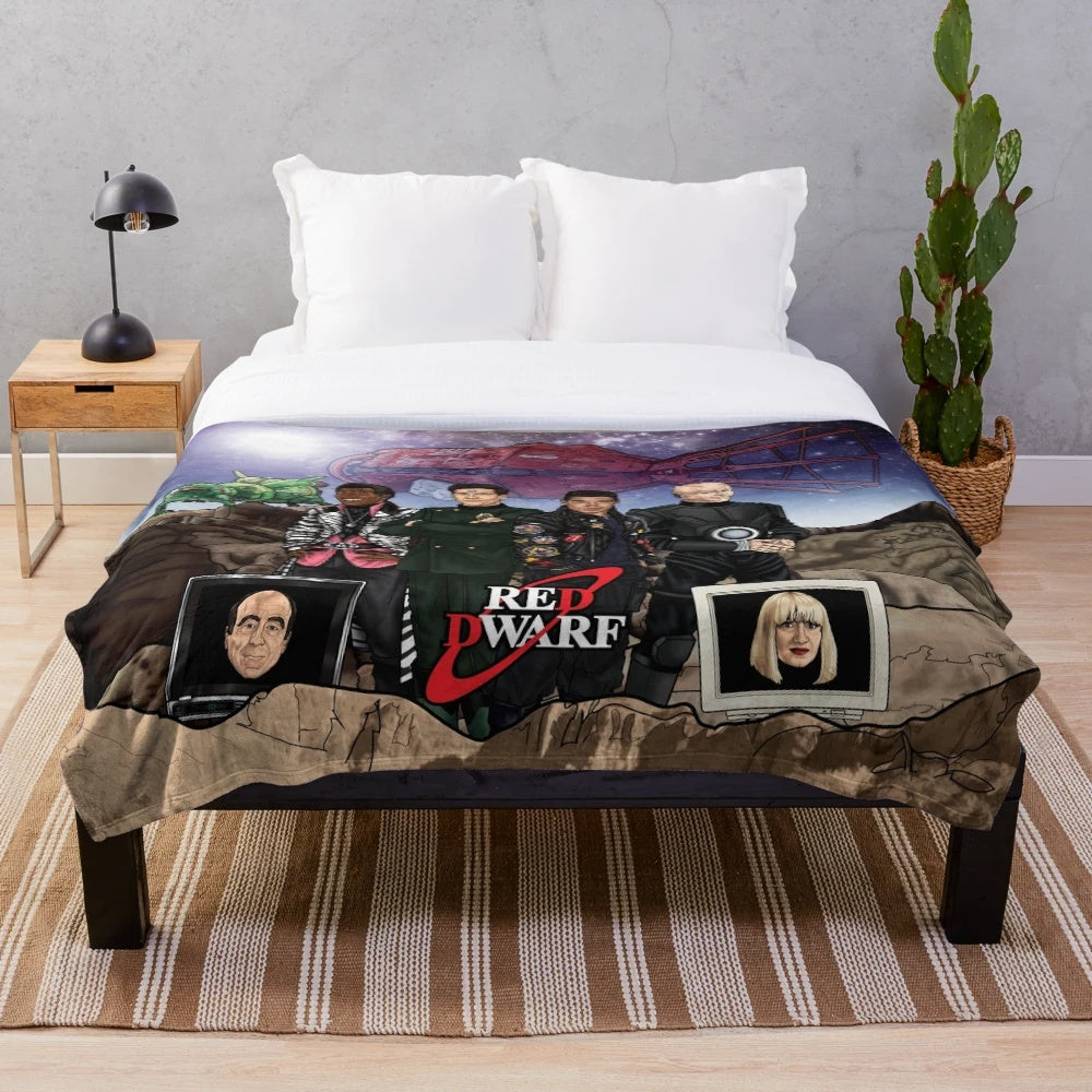 Red Dwarf Plush Blanket featuring characters Rimmer, Cat, Lister, and Kryten