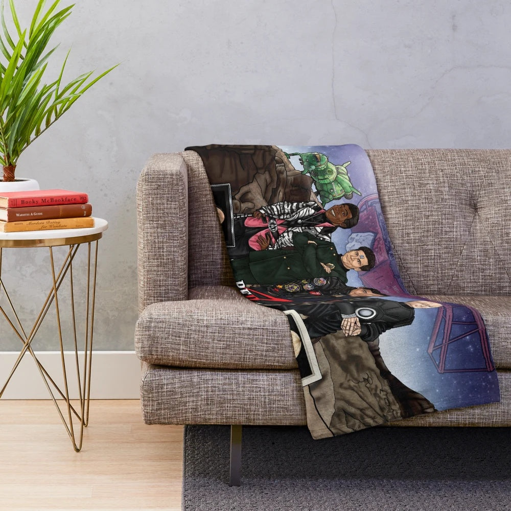 Red Dwarf Plush Blanket featuring characters Rimmer, Cat, Lister, and Kryten