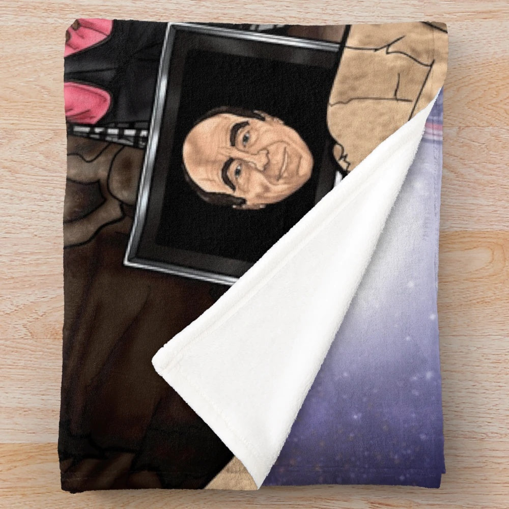 Red Dwarf Plush Blanket featuring characters Rimmer, Cat, Lister, and Kryten