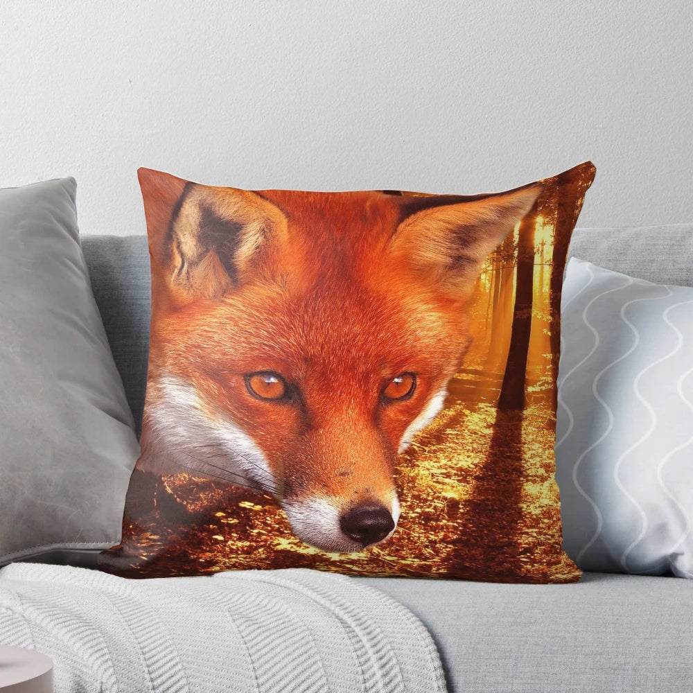 A vibrant red fox sitting in an autumnal forest surrounded by trees and leaves
