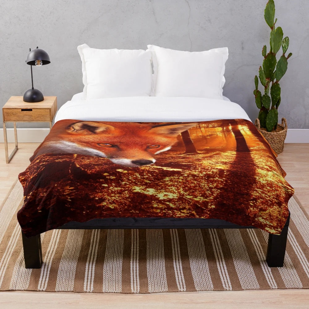 Red fox plush blanket with autumn leaves and forest scenery