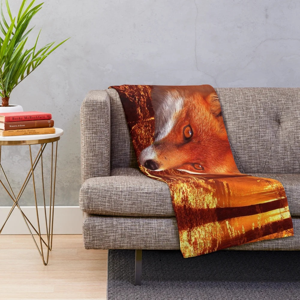 Red fox plush blanket with autumn leaves and forest scenery