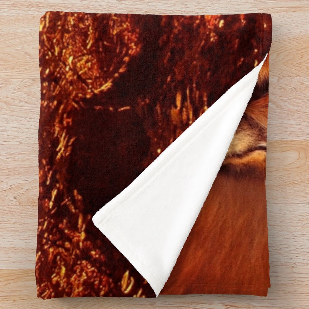 Red fox plush blanket with autumn leaves and forest scenery