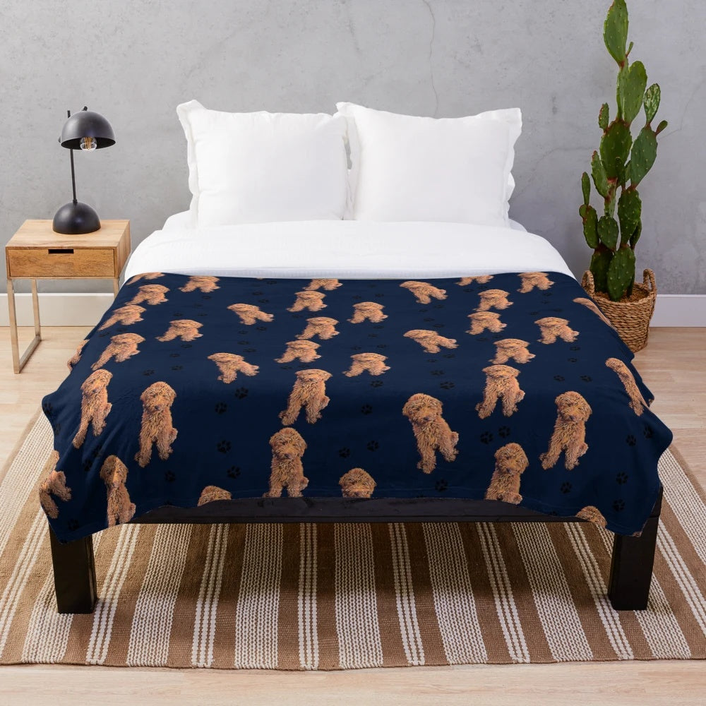 Red Goldendoodle Plush Blanket with Dog Paw Prints