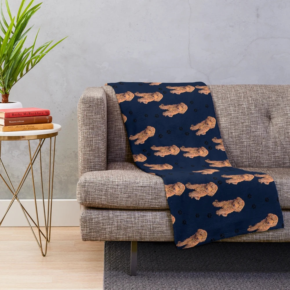 Red Goldendoodle Plush Blanket with Dog Paw Prints