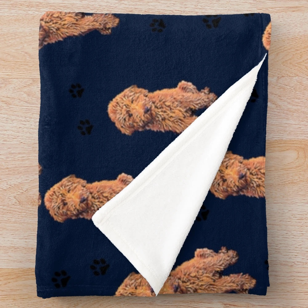 Red Goldendoodle Plush Blanket with Dog Paw Prints