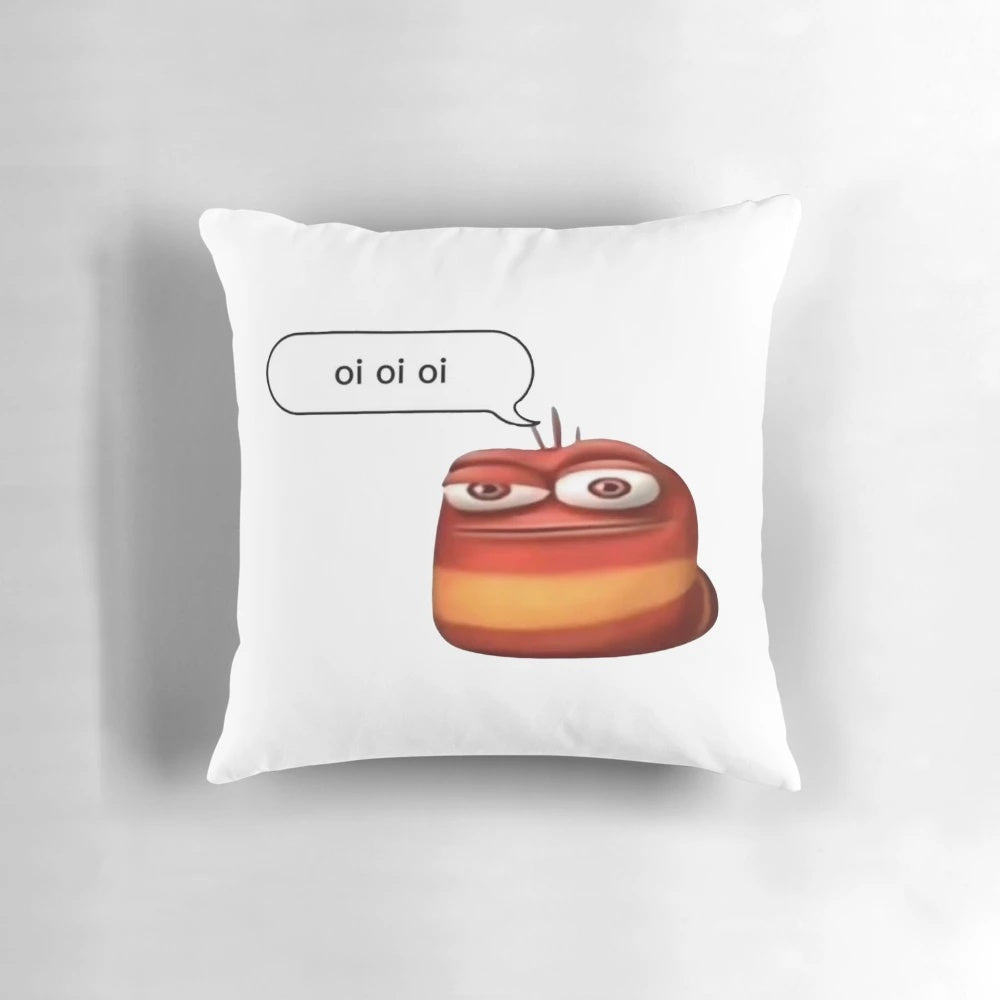 A red larva character from the popular anime series, with the iconic "oi oi oi" phrase, printed on a soft, decorative pillow.