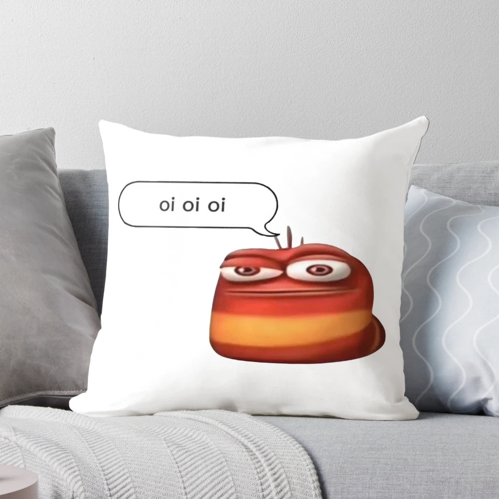 A red larva character from the popular anime series, with the iconic "oi oi oi" phrase, printed on a soft, decorative pillow.