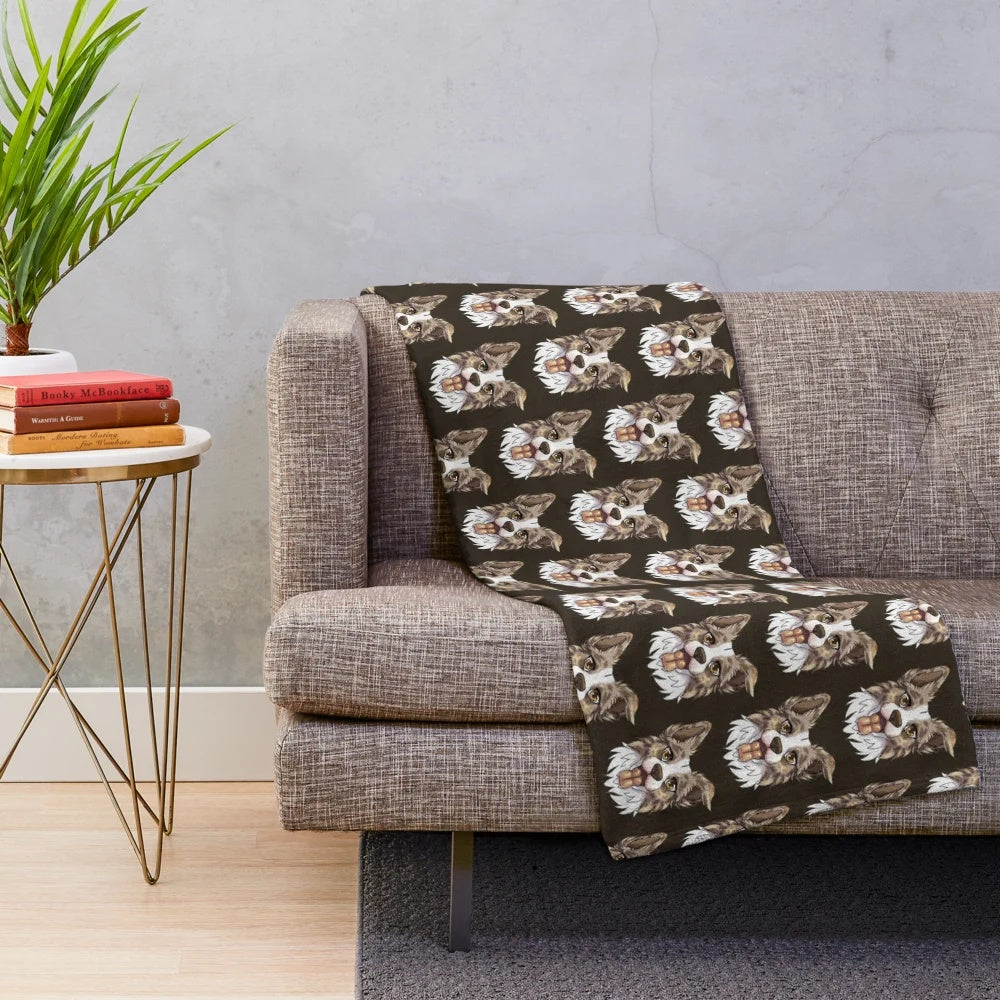 Red merle border collie plush blanket with soft, fluffy design