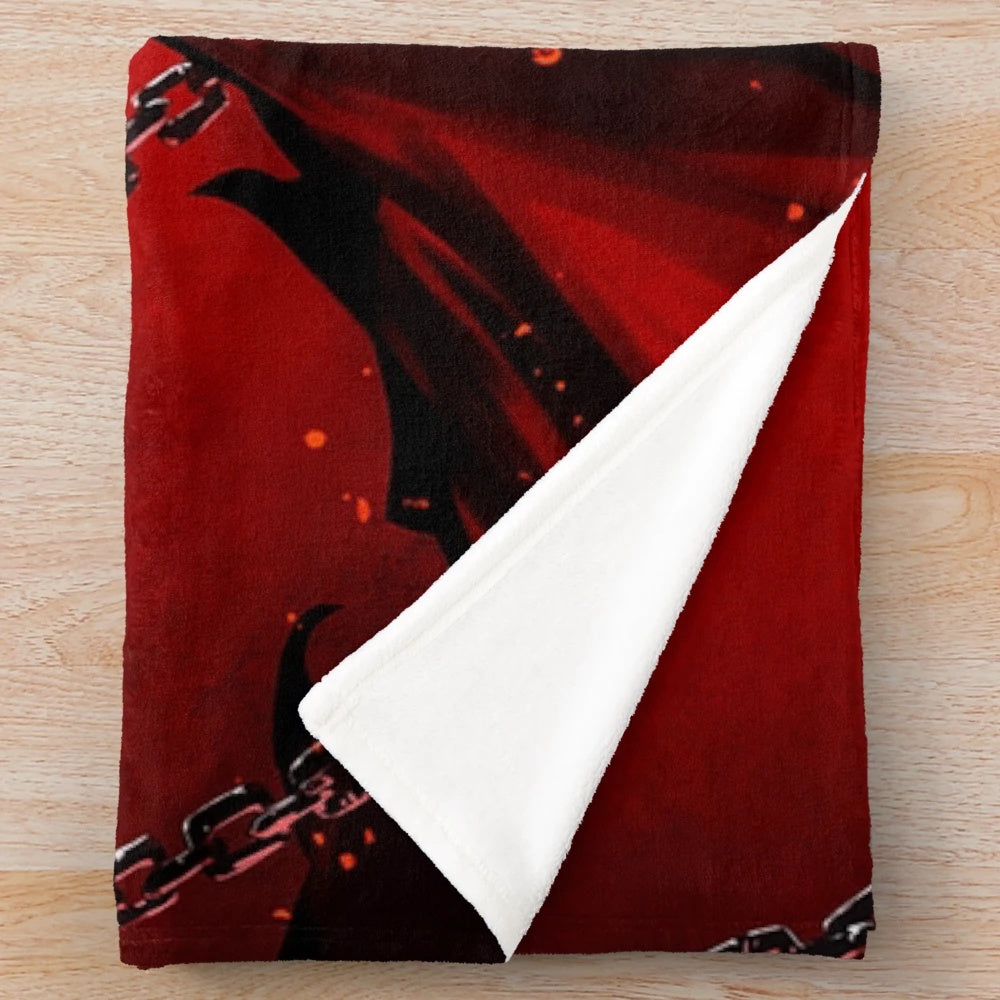 Red monster plush blanket featuring a horror movie-inspired character