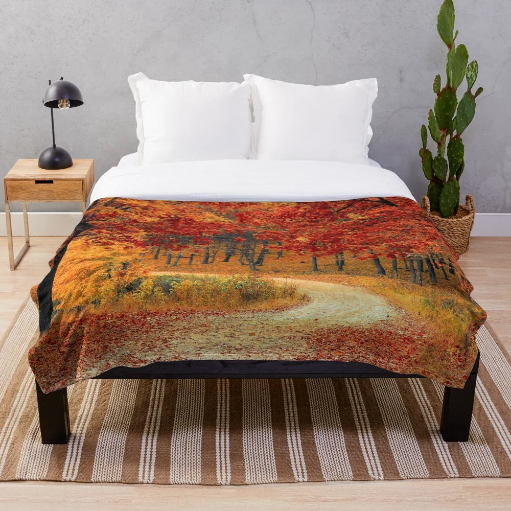 Red orange autumn plush blanket with forest and nature design