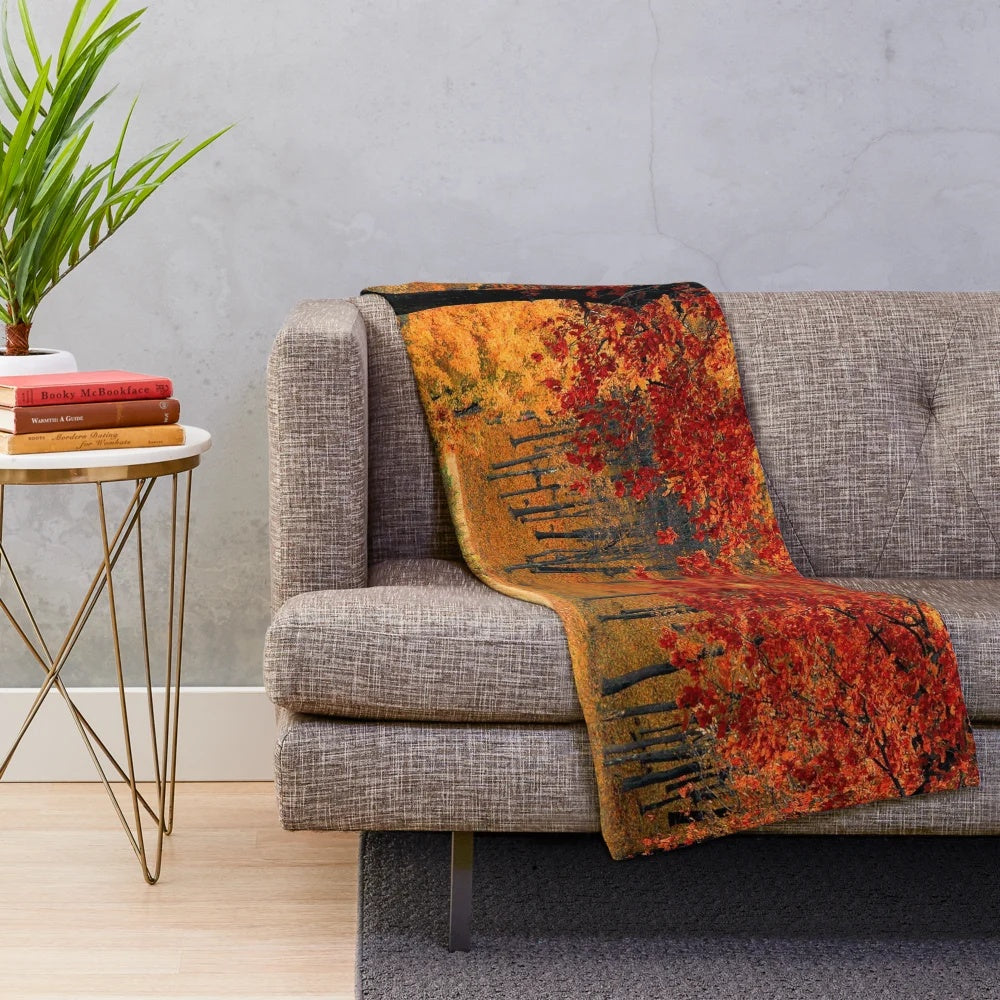 Red orange autumn plush blanket with forest and nature design