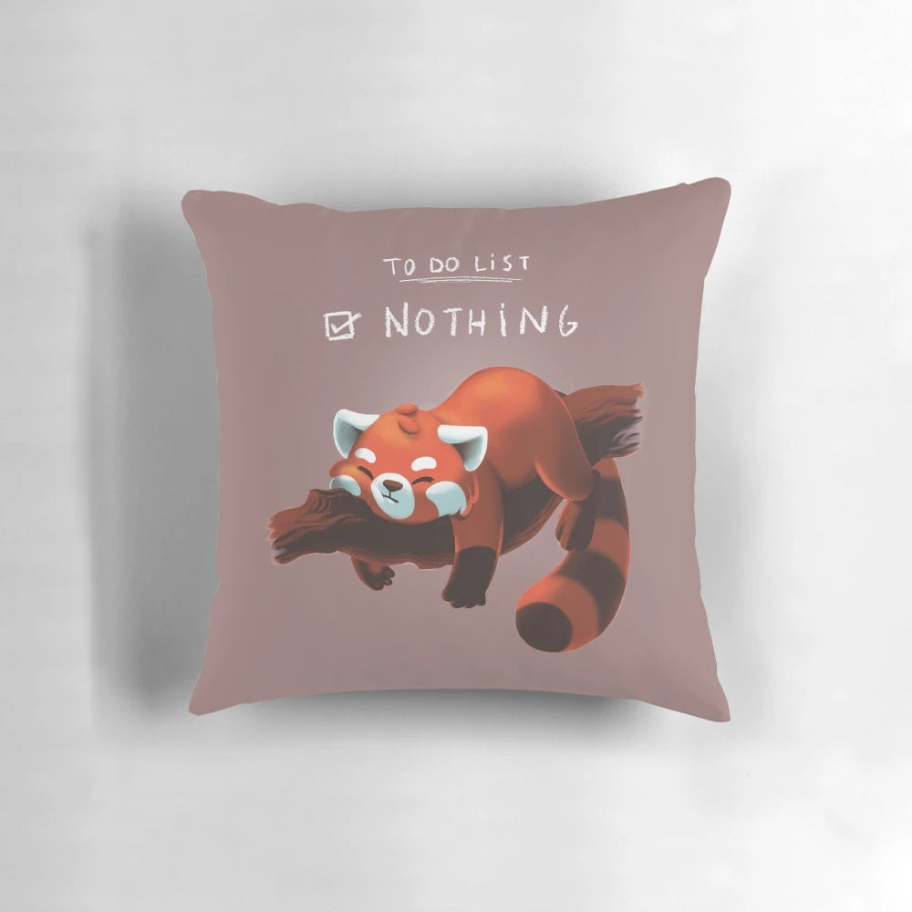 A soft, fluffy red panda-themed pillow for procrastination and relaxation