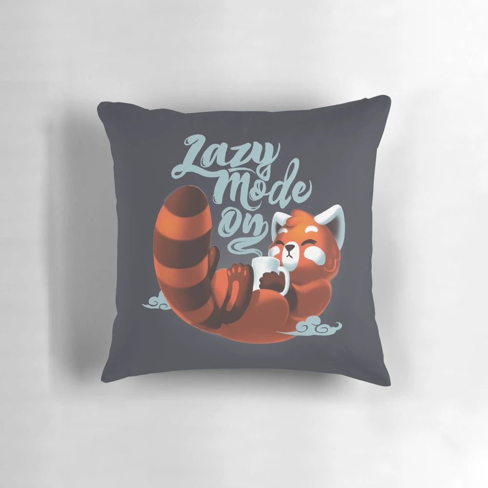 A soft, fluffy red panda pillow with a cute, chibi-style design perfect for coffee lovers and animal enthusiasts.