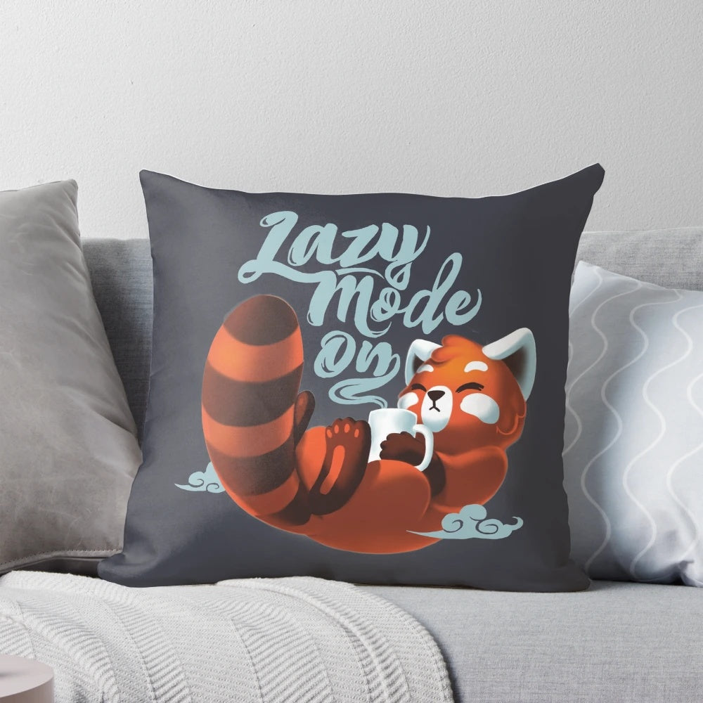 A soft, fluffy red panda pillow with a cute, chibi-style design perfect for coffee lovers and animal enthusiasts.