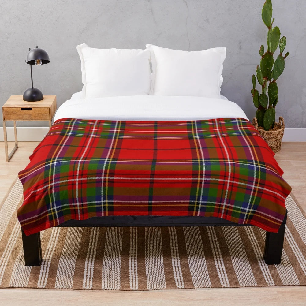 Cozy red plaid tartan plush blanket featuring the Scottish Stewart tartan design