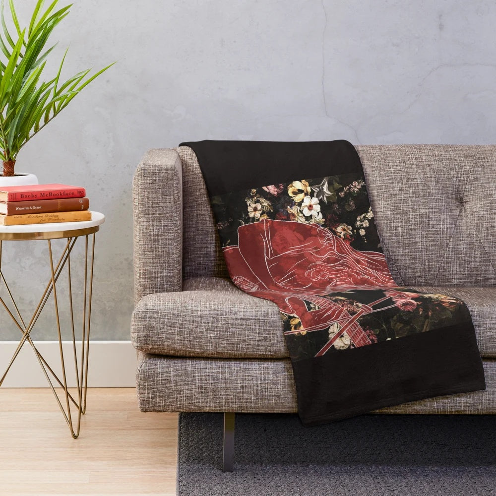 Red plush blanket with rose pattern, perfect for music lovers and lesbian pride