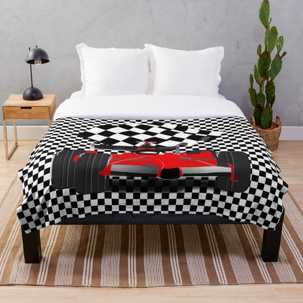 Red race car plush blanket with checkered flag design