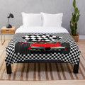 Red race car plush blanket with checkered flag design