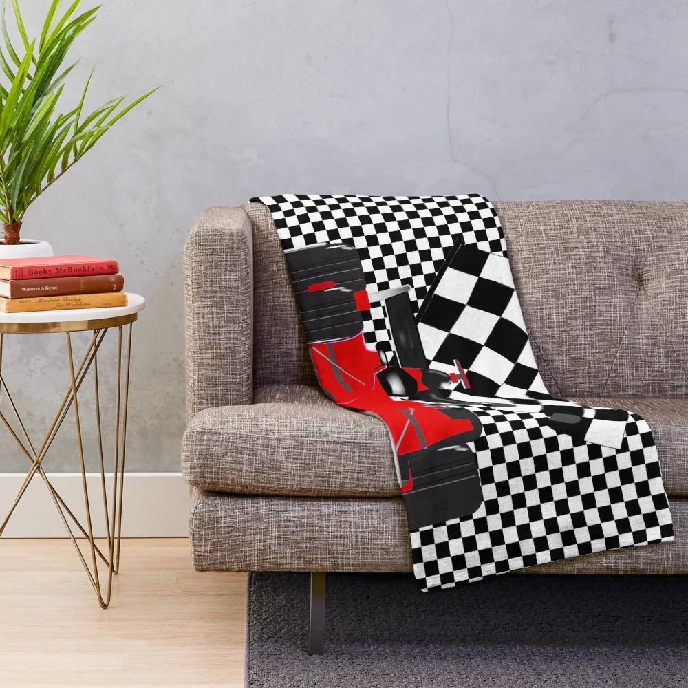 Red race car plush blanket with checkered flag design