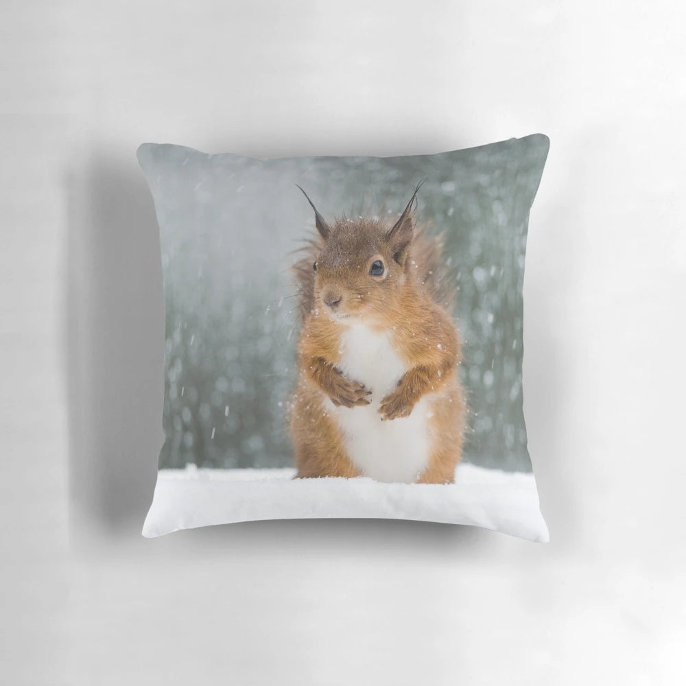 A soft, plush throw pillow featuring a charming red squirrel surrounded by a winter snowscape.