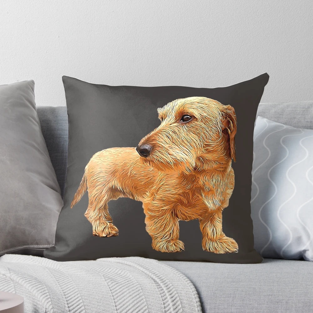A vibrant red wire haired dachshund printed on a plush pillow.
