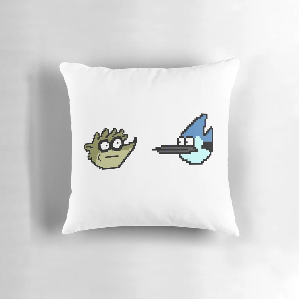 Regular Show Mordecai and Rigby pixel art design on a soft, plush pillow