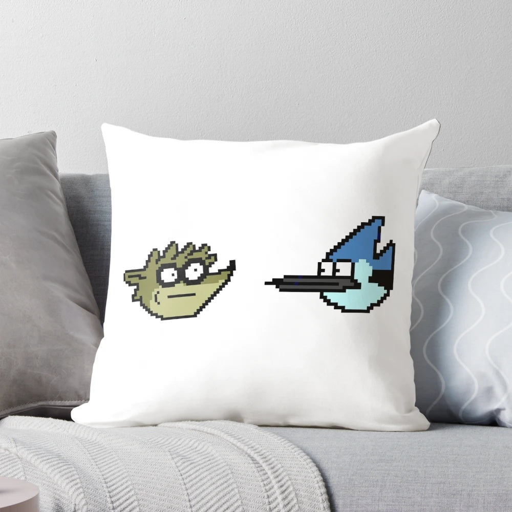 Regular Show Mordecai and Rigby pixel art design on a soft, plush pillow