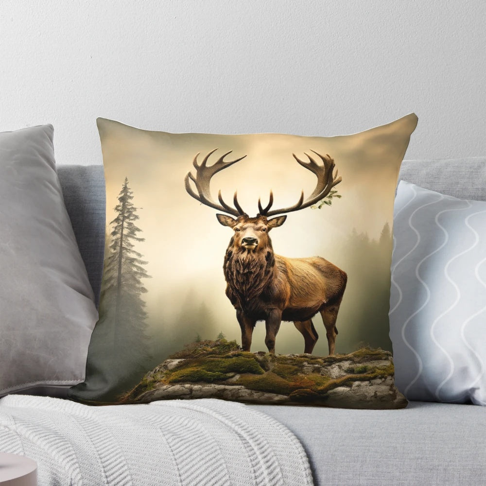 Pillow featuring a majestic deer in a serene forest setting, perfect for adding a touch of nature to your living space.