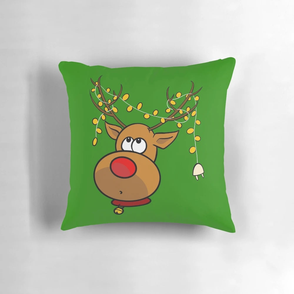 Decorative throw pillow featuring a festive reindeer design with twinkling Christmas lights