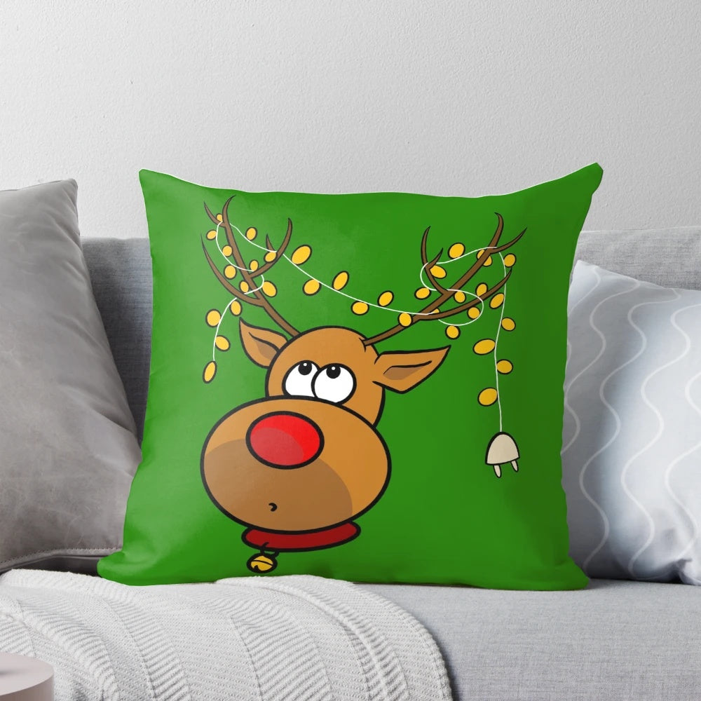 Decorative throw pillow featuring a festive reindeer design with twinkling Christmas lights