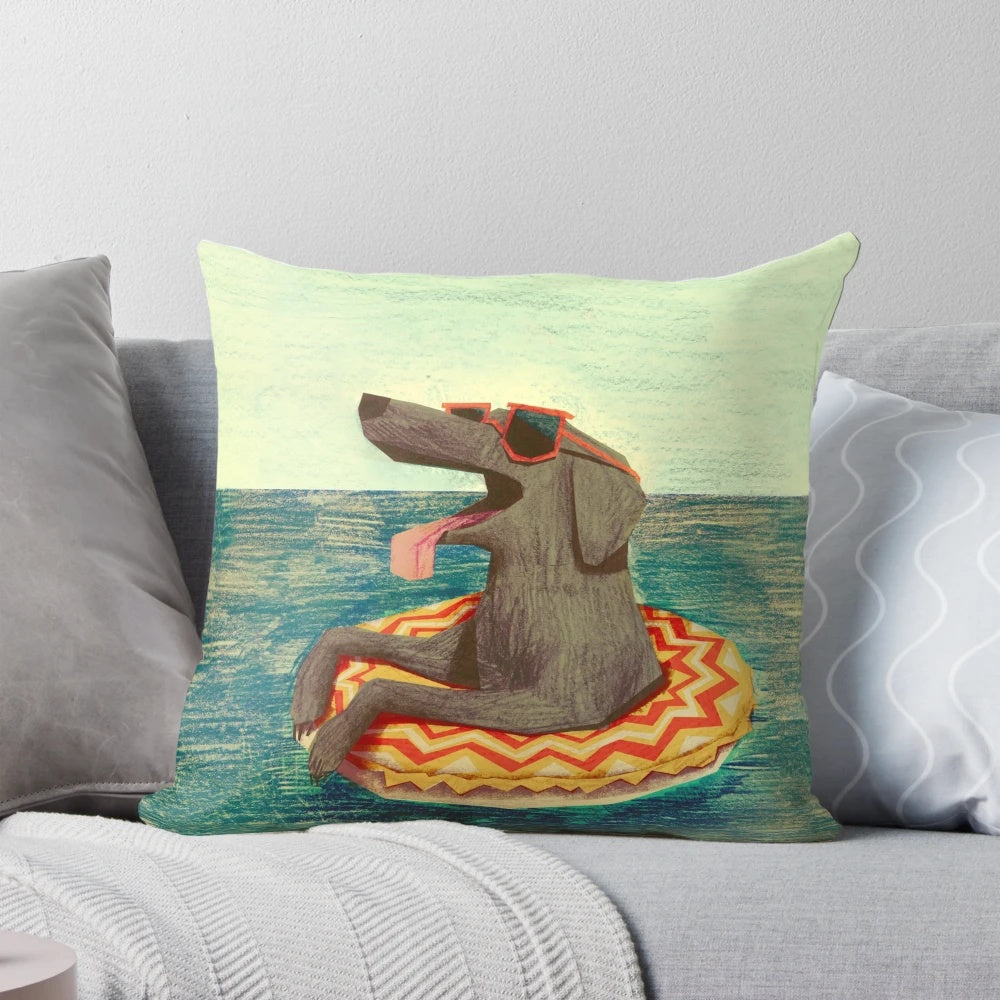 A soft, plush decorative pillow featuring a relaxed, illustrated doggo in a colorful, textured design.