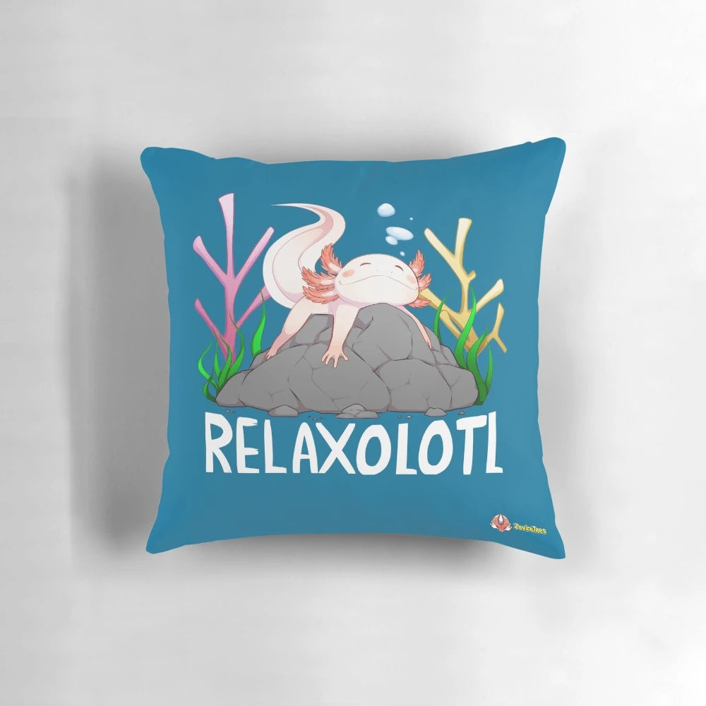 "A soft, plush pillow featuring a cute and relaxing axolotl creature resting on a rock in the water"