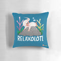 "A soft, plush pillow featuring a cute and relaxing axolotl creature resting on a rock in the water"
