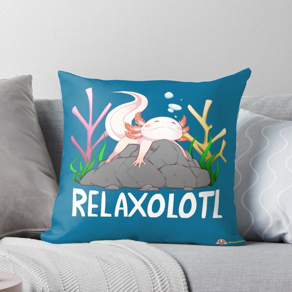 "A soft, plush pillow featuring a cute and relaxing axolotl creature resting on a rock in the water"