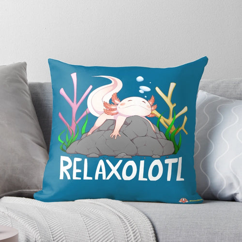 "A soft, plush pillow featuring a cute and relaxing axolotl creature resting on a rock in the water"