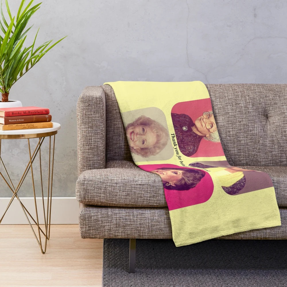 Golden Girls inspired plush blanket with retro 1980s colors and characters